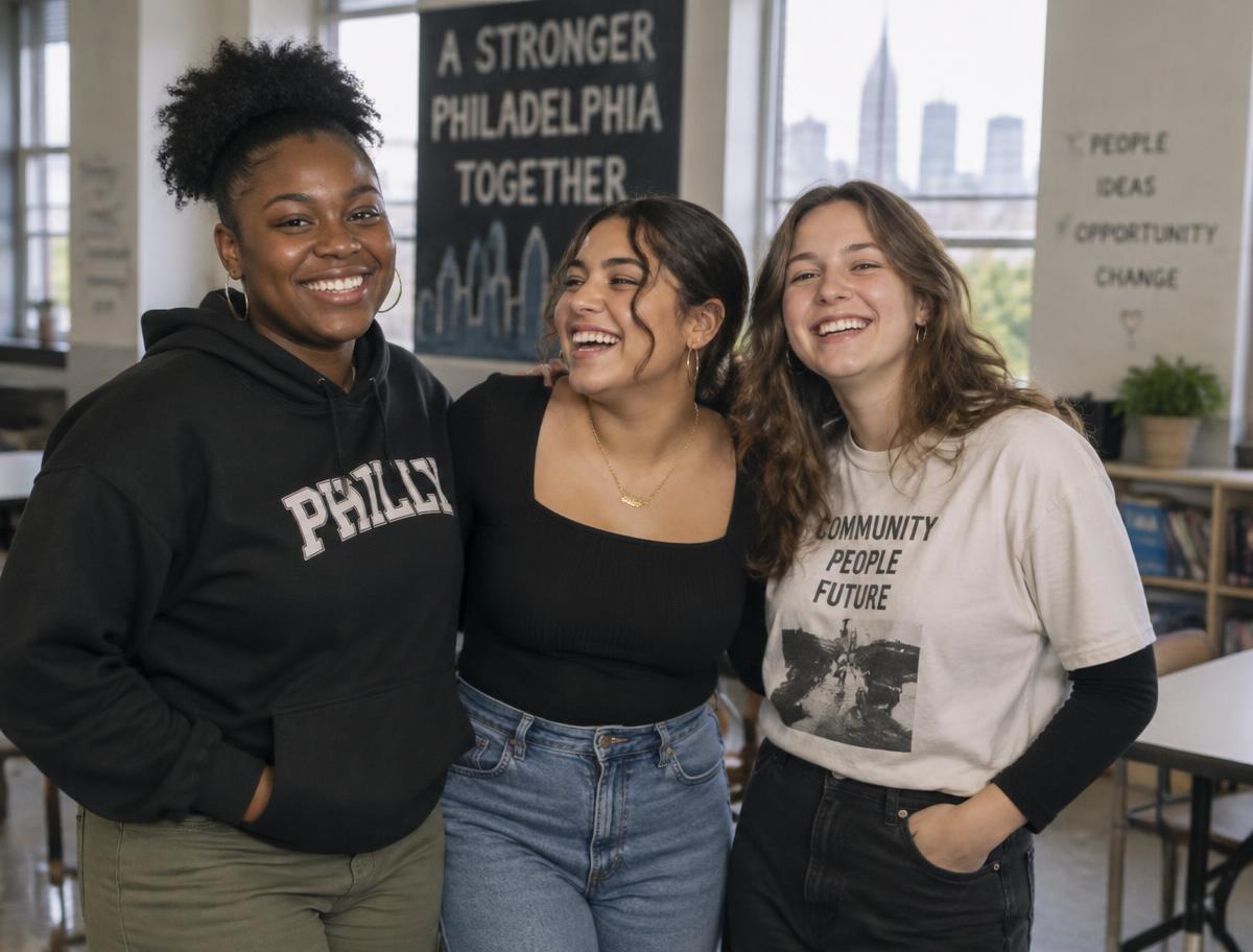 Three young women — Black, Latina and White — laughing together in a Philadelphia community classroom