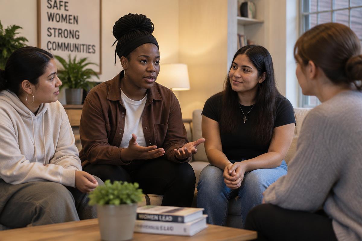 A circle of young Black, Latina and White women in a mentoring conversation